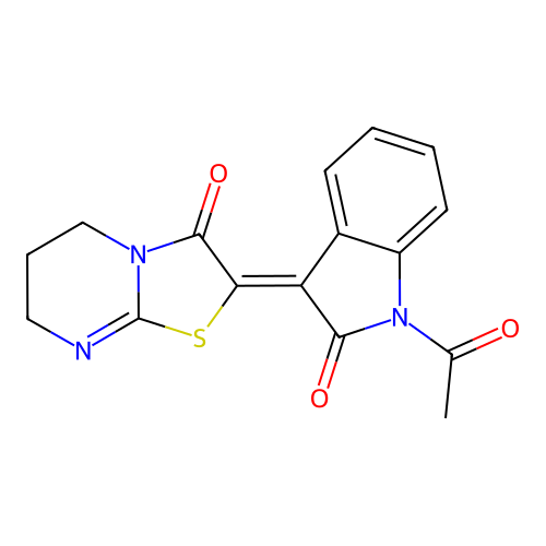 (2Z)-2-(1-acetyl-2-oxoindol-3-ylidene)-6,7-dihydro-5H-[1,3]thiazolo[3,2-a]pyrimidin-3-one structure