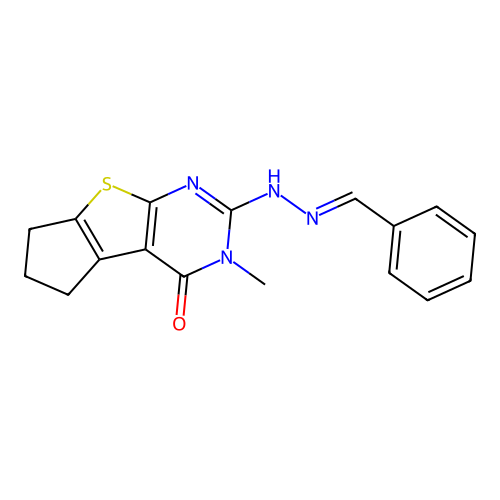2-[(2E)-2-benzylidenehydrazinyl]-3-methyl-3,5,6,7-tetrahydro-4H-cyclopenta[4,5]thieno[2,3-d]pyrimidin-4-one structure