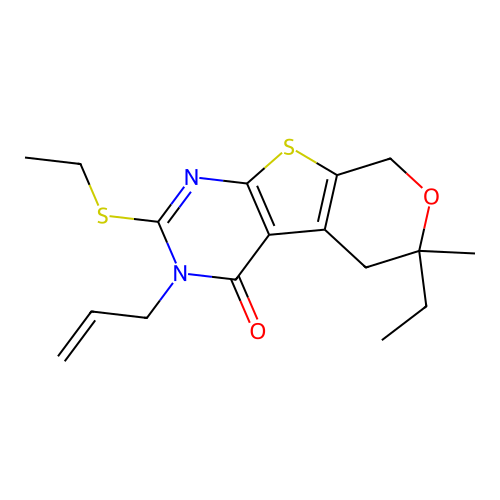 3-allyl-6-ethyl-2-(ethylthio)-6-methyl-5,6-dihydro-3H-pyrano[4',3':4,5]thieno[2,3-d]pyrimidin-4(8H)-one structure