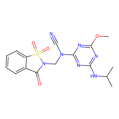 [4-methoxy-6-(propan-2-ylamino)-1,3,5-triazin-2-yl]-[(1,1,3-trioxo-1,2-benzothiazol-2-yl)methyl]cyanamide structure
