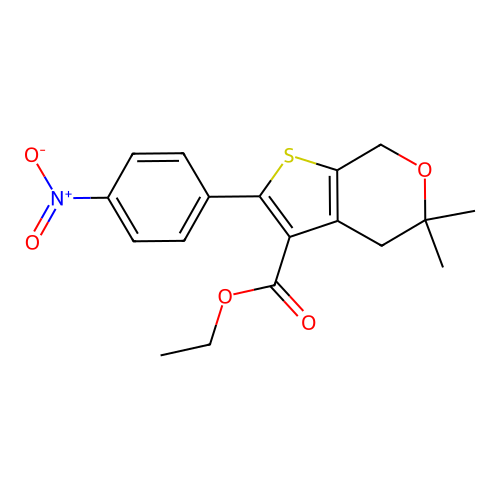 Ethyl 5,5-dimethyl-2-(4-nitrophenyl)-4,7-dihydrothieno[2,3-c]pyran-3-carboxylate structure