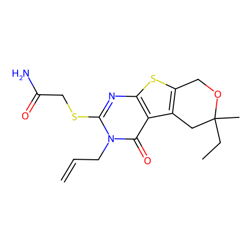 2-((3-allyl-6-ethyl-6-methyl-4-oxo-4,5,6,8-tetrahydro-3H-pyrano[4',3':4,5]thieno[2,3-d]pyrimidin-2-yl)thio)acetamide structure