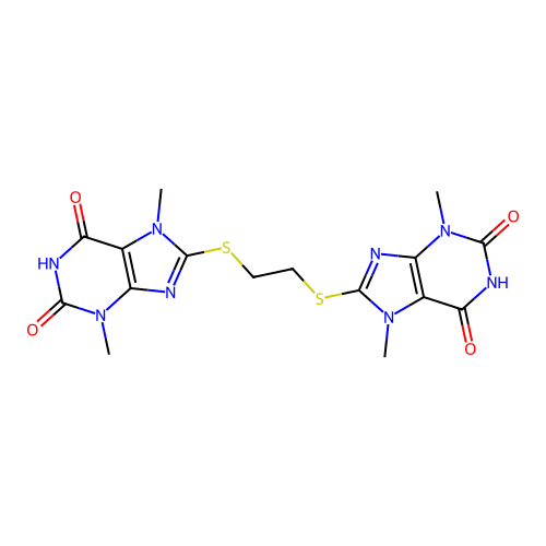 8,8'-(ethane-1,2-diylbis(sulfanediyl))bis(3,7-dimethyl-1H-purine-2,6(3H,7H)-dione) structure