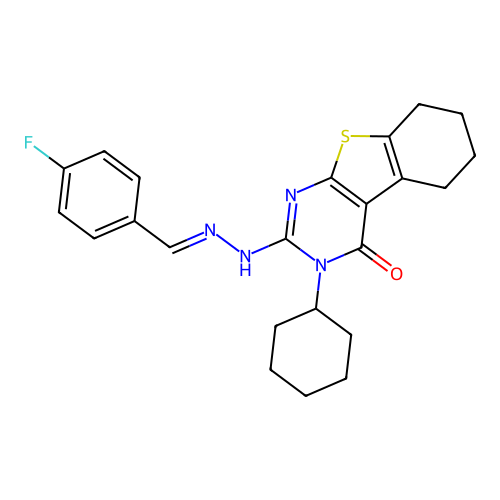 3-cyclohexyl-2-[(2E)-2-(4-fluorobenzylidene)hydrazinyl]-5,6,7,8-tetrahydro[1]benzothieno[2,3-d]pyrimidin-4(3H)-one structure