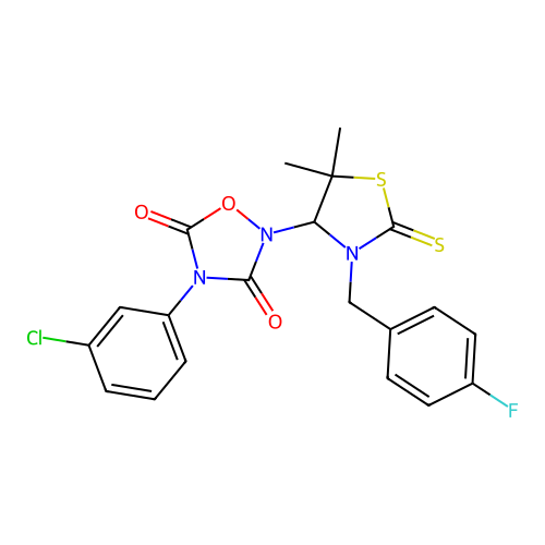 4-(3-chlorophenyl)-2-(3-(4-fluorobenzyl)-5,5-dimethyl-2-thioxothiazolidin-4-yl)-1,2,4-oxadiazolidine-3,5-dione structure