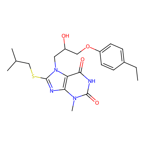 7-[3-(4-ethylphenoxy)-2-hydroxypropyl]-3-methyl-8-(2-methylpropylsulfanyl)purine-2,6-dione structure