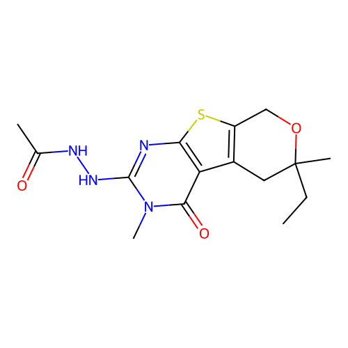 N'-(6-ethyl-3,6-dimethyl-4-oxo-4,5,6,8-tetrahydro-3H-pyrano[4',3':4,5]thieno[2,3-d]pyrimidin-2-yl)acetohydrazide structure