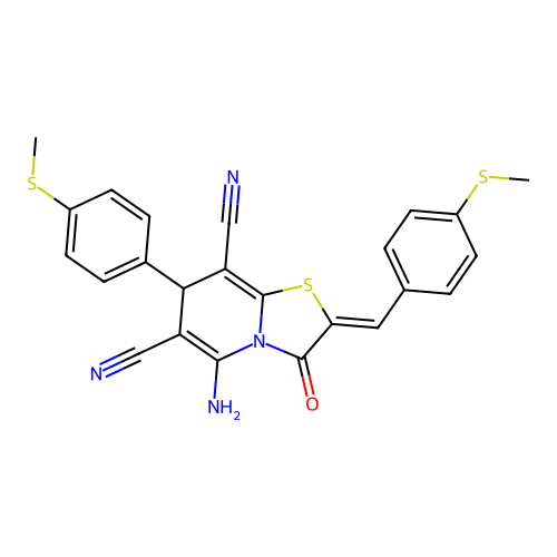 (2Z)-5-amino-2-[4-(methylsulfanyl)benzylidene]-7-[4-(methylsulfanyl)phenyl]-3-oxo-2,3-dihydro-7H-[1,3]thiazolo[3,2-a]pyridine-6,8-dicarbonitrile structure