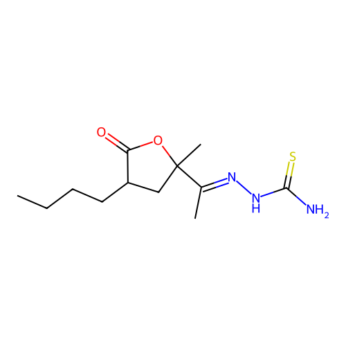 (2E)-2-[1-(4-butyl-2-methyl-5-oxotetrahydrofuran-2-yl)ethylidene]hydrazinecarbothioamide structure