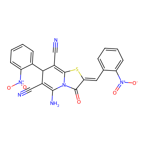 (2Z)-5-amino-2-(2-nitrobenzylidene)-7-(2-nitrophenyl)-3-oxo-2,3-dihydro-7H-[1,3]thiazolo[3,2-a]pyridine-6,8-dicarbonitrile structure
