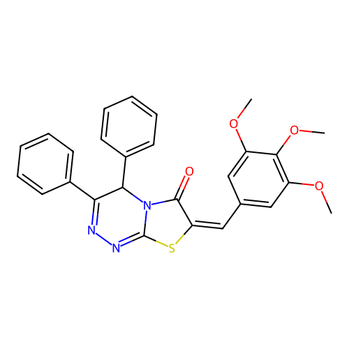 (7E)-3,4-diphenyl-7-(3,4,5-trimethoxybenzylidene)-4H-[1,3]thiazolo[2,3-c][1,2,4]triazin-6(7H)-one structure