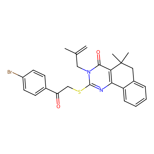 2-((2-(4-bromophenyl)-2-oxoethyl)thio)-5,5-dimethyl-3-(2-methylallyl)-5,6-dihydrobenzo[h]quinazolin-4(3H)-one structure