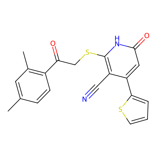 2-((2-(2,4-dimethylphenyl)-2-oxoethyl)thio)-6-hydroxy-4-(thiophen-2-yl)nicotinonitrile structure