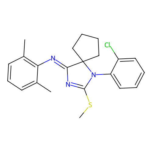 (Z)-N-(1-(2-chlorophenyl)-2-(methylthio)-1,3-diazaspiro[4.4]non-2-en-4-ylidene)-2,6-dimethylaniline structure