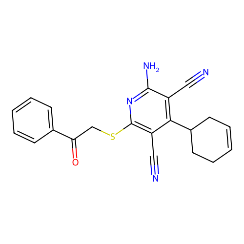 2-amino-4-cyclohex-3-en-1-yl-6-phenacylsulfanylpyridine-3,5-dicarbonitrile structure
