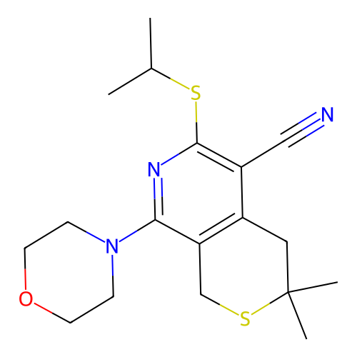 1H-Thiopyrano[3,4-c]pyridine-5-carbonitrile, 3,4-dihydro-6-isopropylthio-8-morpholino-3,3-dimethyl- structure