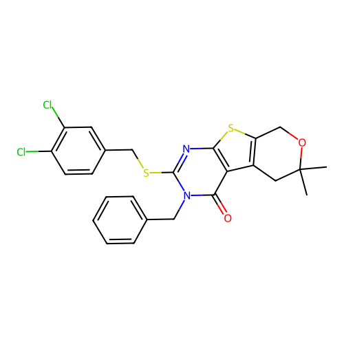 3-benzyl-2-[(3,4-dichlorobenzyl)sulfanyl]-6,6-dimethyl-3,5,6,8-tetrahydro-4H-pyrano[4',3':4,5]thieno[2,3-d]pyrimidin-4-one structure