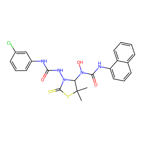1-(3-(3-(3-chlorophenyl)ureido)-5,5-dimethyl-2-thioxothiazolidin-4-yl)-1-hydroxy-3-(naphthalen-1-yl)urea structure