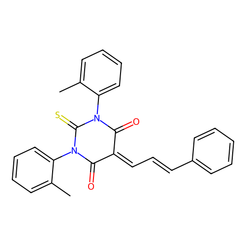 (E)-5-(3-phenylallylidene)-2-thioxo-1,3-di-o-tolyldihydropyrimidine-4,6(1H,5H)-dione structure