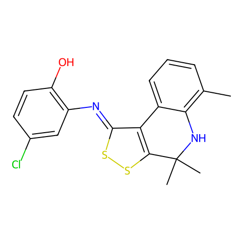 4-chloro-2-[(4,4,6-trimethyl-5H-dithiolo[3,4-c]quinolin-1-ylidene)amino]phenol structure