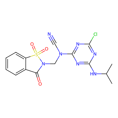 [4-chloro-6-(propan-2-ylamino)-1,3,5-triazin-2-yl]-[(1,1,3-trioxo-1,2-benzothiazol-2-yl)methyl]cyanamide structure