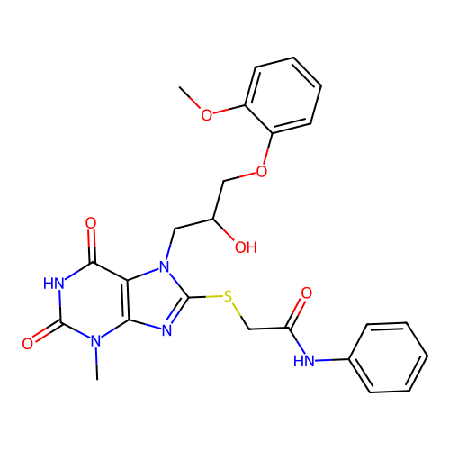 2-((7-(2-hydroxy-3-(2-methoxyphenoxy)propyl)-3-methyl-2,6-dioxo-2,3,6,7-tetrahydro-1H-purin-8-yl)thio)-N-phenylacetamide structure