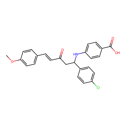 (E)-4-((1-(4-chlorophenyl)-5-(4-methoxyphenyl)-3-oxopent-4-en-1-yl)amino)benzoic acid structure