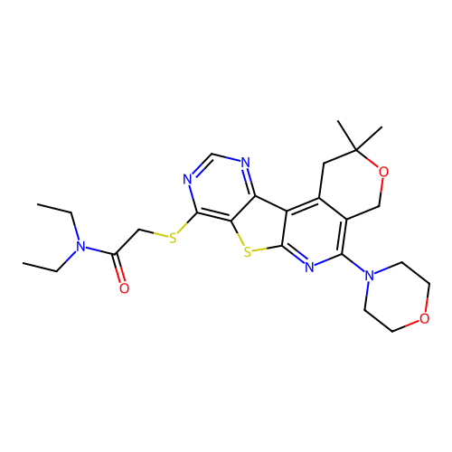 2-((2,2-dimethyl-5-morpholino-2,4-dihydro-1H-pyrano[4'',3'':4',5']pyrido[3',2':4,5]thieno[3,2-d]pyrimidin-8-yl)thio)-N,N-diethylacetamide structure