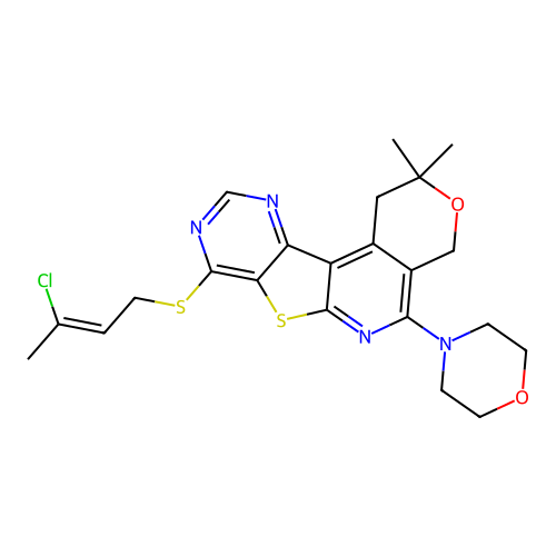 (Z)-8-((3-chlorobut-2-en-1-yl)thio)-2,2-dimethyl-5-morpholino-2,4-dihydro-1H-pyrano[4'',3'':4',5']pyrido[3',2':4,5]thieno[3,2-d]pyrimidine structure