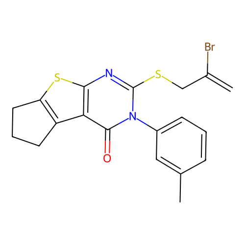 2-((2-bromoallyl)thio)-3-(m-tolyl)-6,7-dihydro-3H-cyclopenta[4,5]thieno[2,3-d]pyrimidin-4(5H)-one structure