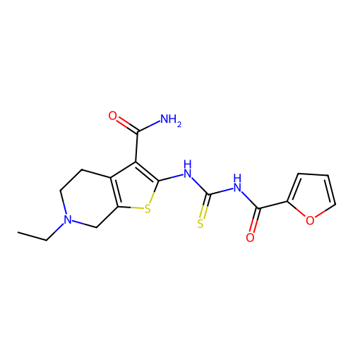 6-ethyl-2-(3-(furan-2-carbonyl)thioureido)-4,5,6,7-tetrahydrothieno[2,3-c]pyridine-3-carboxamide structure