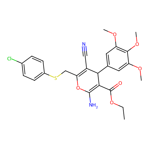 ethyl 2-amino-6-(((4-chlorophenyl)thio)methyl)-5-cyano-4-(3,4,5-trimethoxyphenyl)-4H-pyran-3-carboxylate structure