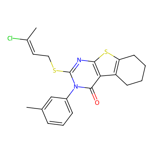 (E)-2-((3-chlorobut-2-en-1-yl)thio)-3-(m-tolyl)-5,6,7,8-tetrahydrobenzo[4,5]thieno[2,3-d]pyrimidin-4(3H)-one structure