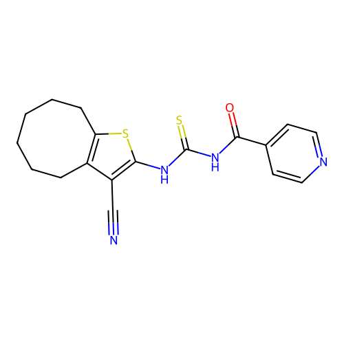 N-[(3-cyano-4,5,6,7,8,9-hexahydrocycloocta[b]thiophen-2-yl)carbamothioyl]pyridine-4-carboxamide structure