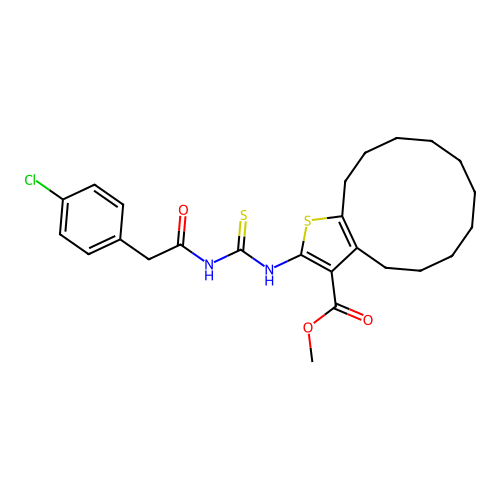 methyl 2-({[(4-chlorophenyl)acetyl]carbamothioyl}amino)-4,5,6,7,8,9,10,11,12,13-decahydrocyclododeca[b]thiophene-3-carboxylate structure
