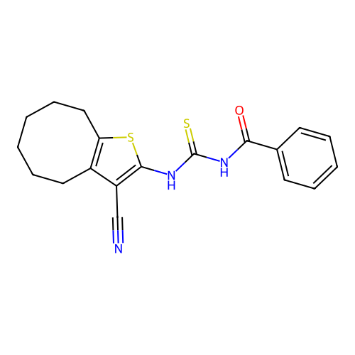N-[(3-cyano-4,5,6,7,8,9-hexahydrocycloocta[b]thiophen-2-yl)carbamothioyl]benzamide structure