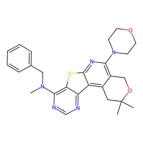 N-benzyl-N,2,2-trimethyl-5-(morpholin-4-yl)-1,4-dihydro-2H-pyrano[4'',3'':4',5']pyrido[3',2':4,5]thieno[3,2-d]pyrimidin-8-amine structure