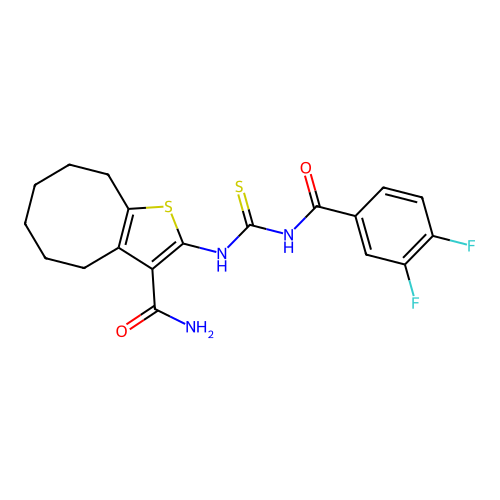 2-({[(3,4-DIFLUOROBENZOYL)AMINO]CARBOTHIOYL}AMINO)-4,5,6,7,8,9-HEXAHYDROCYCLOOCTA[B]THIOPHENE-3-CARBOXAMIDE structure