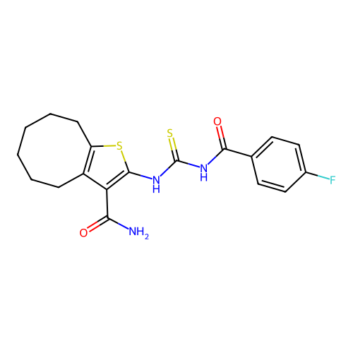 2-(3-(4-fluorobenzoyl)thioureido)-4,5,6,7,8,9-hexahydrocycloocta[b]thiophene-3-carboxamide structure