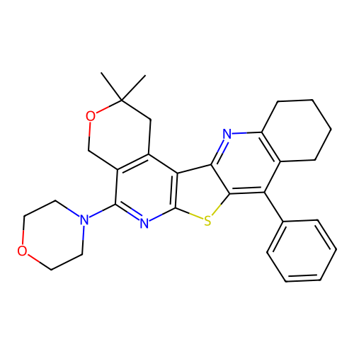 2,2-dimethyl-5-(morpholin-4-yl)-8-phenyl-1,4,9,10,11,12-hexahydro-2H-pyrano[4'',3'':4',5']pyrido[3',2':4,5]thieno[3,2-b]quinoline structure