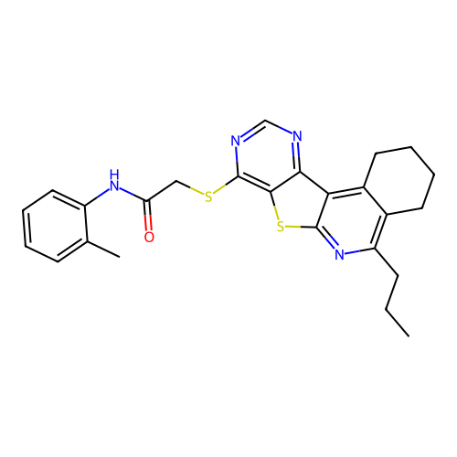 2-((5-propyl-1,2,3,4-tetrahydropyrimido[4',5':4,5]thieno[2,3-c]isoquinolin-8-yl)thio)-N-(o-tolyl)acetamide structure