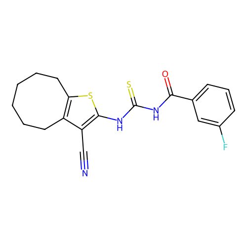 N-[(3-cyano-4,5,6,7,8,9-hexahydrocycloocta[b]thiophen-2-yl)carbamothioyl]-3-fluorobenzamide structure