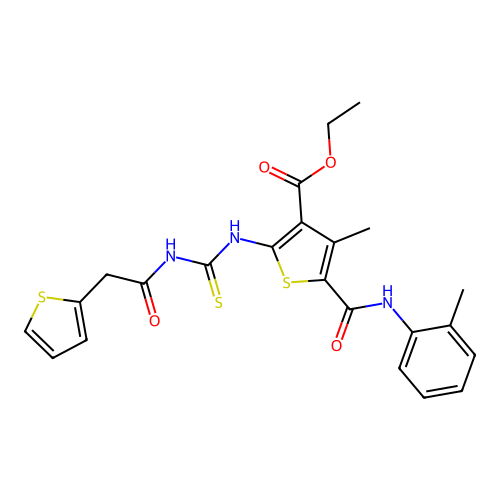 ethyl 4-methyl-2-(3-(2-(thiophen-2-yl)acetyl)thioureido)-5-(o-tolylcarbamoyl)thiophene-3-carboxylate structure