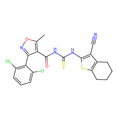 N-[(3-cyano-4,5,6,7-tetrahydro-1-benzothiophen-2-yl)carbamothioyl]-3-(2,6-dichlorophenyl)-5-methyl-1,2-oxazole-4-carboxamide structure