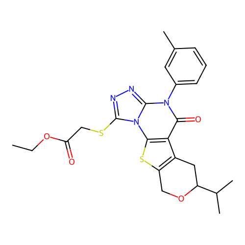 ethyl {[4-(3-methylphenyl)-5-oxo-7-(propan-2-yl)-4,5,6,9-tetrahydro-7H-pyrano[4',3':4,5]thieno[3,2-e][1,2,4]triazolo[4,3-a]pyrimidin-1-yl]sulfanyl}acetate structure