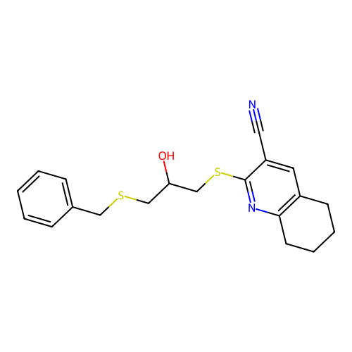 2-((3-(benzylthio)-2-hydroxypropyl)thio)-5,6,7,8-tetrahydroquinoline-3-carbonitrile structure
