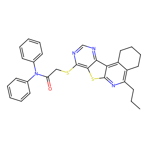 N,N-diphenyl-2-((5-propyl-1,2,3,4-tetrahydropyrimido[4',5':4,5]thieno[2,3-c]isoquinolin-8-yl)thio)acetamide structure