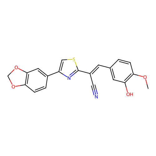 (2E)-2-[4-(1,3-benzodioxol-5-yl)-1,3-thiazol-2-yl]-3-(3-hydroxy-4-methoxyphenyl)prop-2-enenitrile structure