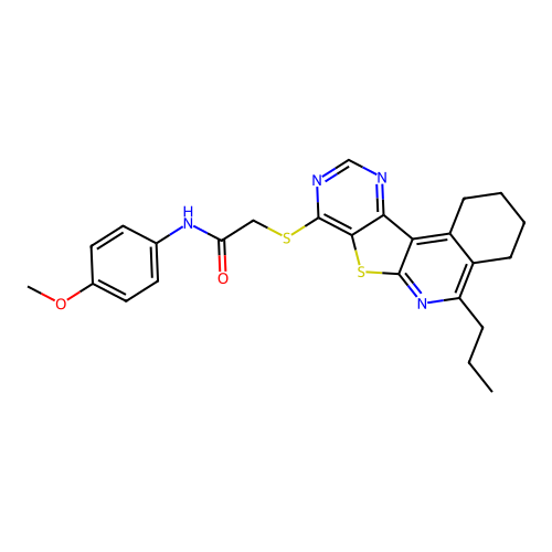 N-(4-methoxyphenyl)-2-((5-propyl-1,2,3,4-tetrahydropyrimido[4',5':4,5]thieno[2,3-c]isoquinolin-8-yl)thio)acetamide structure