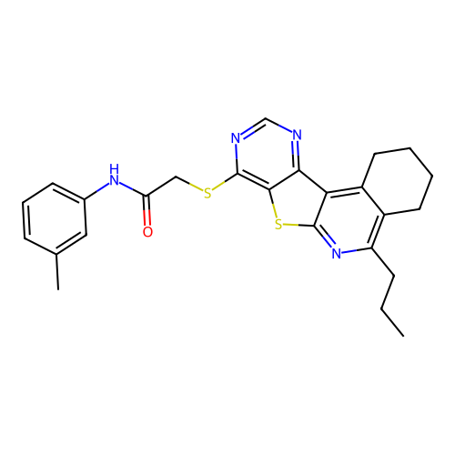 2-((5-propyl-1,2,3,4-tetrahydropyrimido[4',5':4,5]thieno[2,3-c]isoquinolin-8-yl)thio)-N-(m-tolyl)acetamide structure